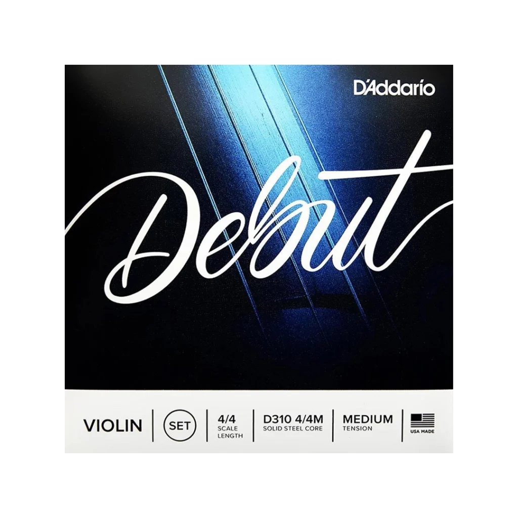 Empaque frontal de las cuerdas D'Addario Debut D310 para violín 4/4 con núcleo de acero sólido.