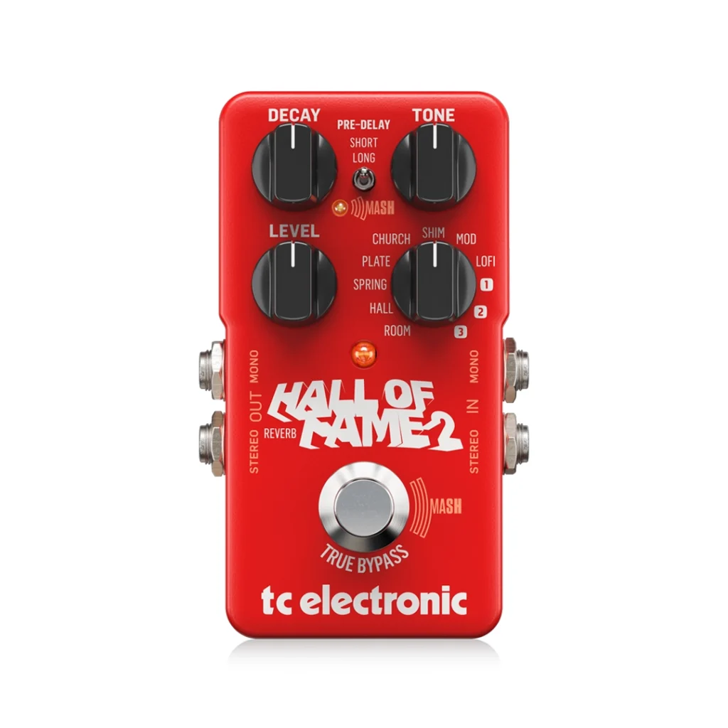 Vista superior del pedal de reverb Hall of Fame 2 de TC Electronic resaltando los controles de Decay