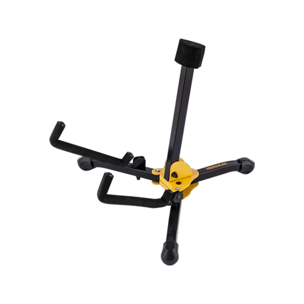 Soporte plegable Hercules GS401BB abierto mostrando los brazos de apoyo y la base con pines de bloqueo para guitarra acústica.