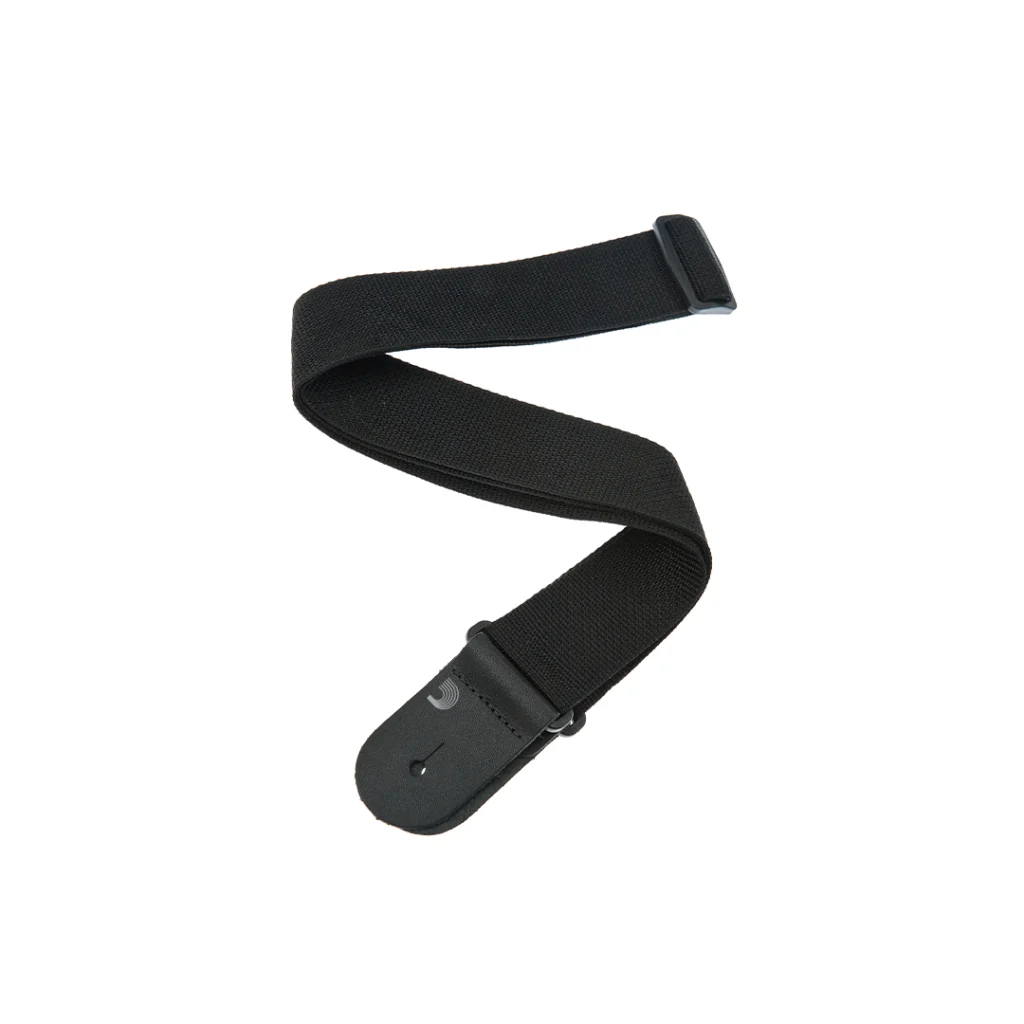 Correa negra para guitarra o bajo D'Addario PWS100 de polipropileno con terminales de cuero negro.