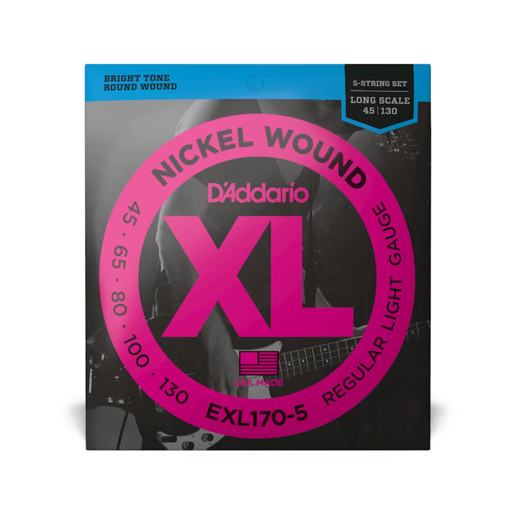 Empaque frontal de cuerdas para bajo eléctrico de 5 cuerdas D'Addario EXL170-5 Nickel Wound calibre 45-130.