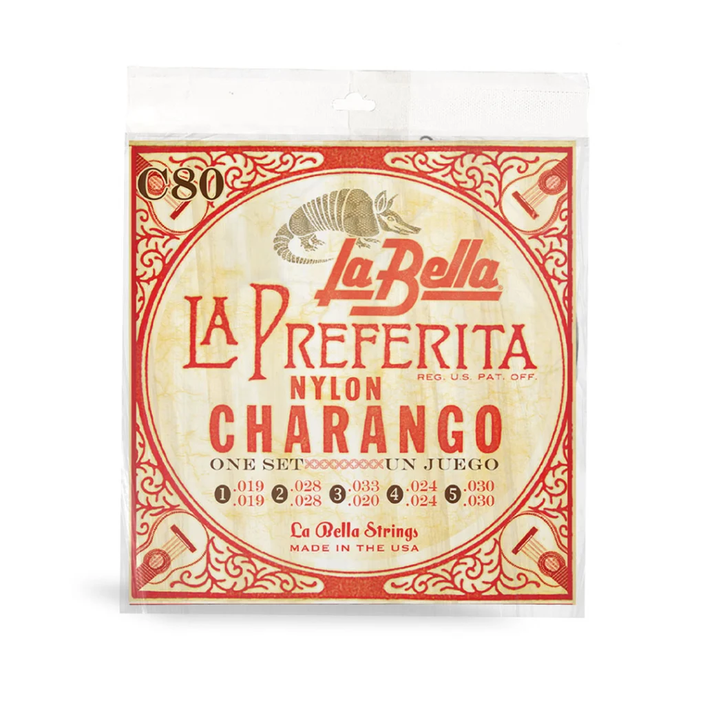 Empaque frontal de cuerdas de nylon La Bella La Preferita C80 para charango con especificación de calibres por pares.