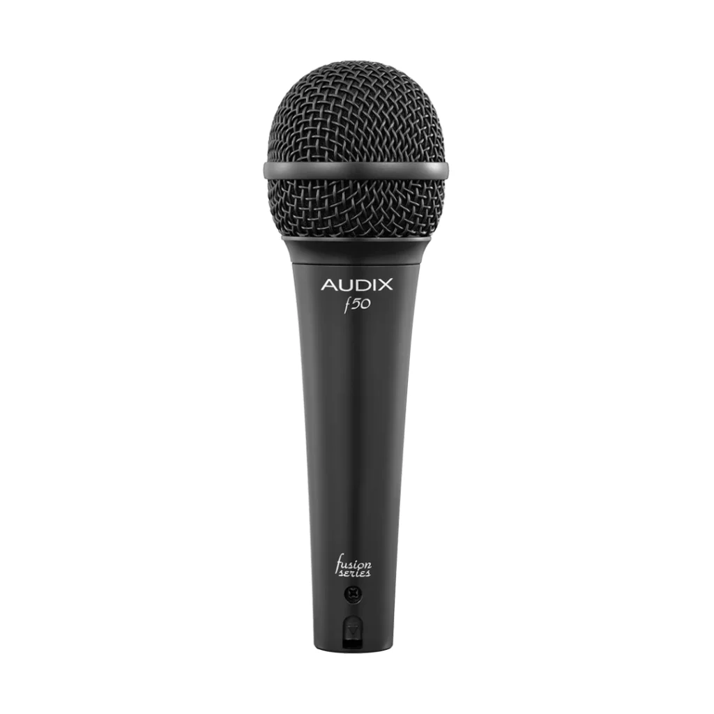 Vista frontal de micrófono dinámico Audix f50 negro. Muestra rejilla de malla metálica y cuerpo con logotipo impreso.