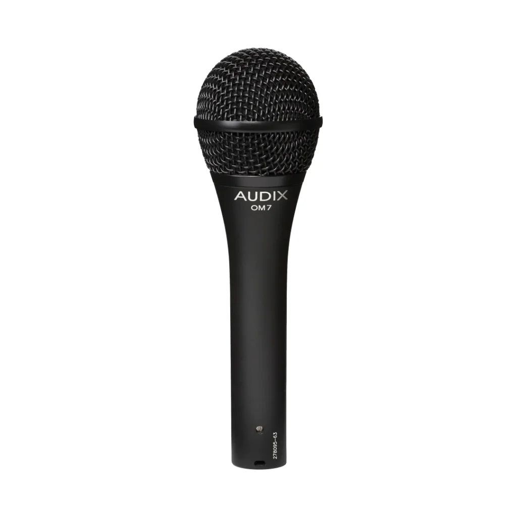 Vista frontal de micrófono dinámico Audix OM7 negro. Muestra rejilla metálica y cuerpo con logotipo impreso.