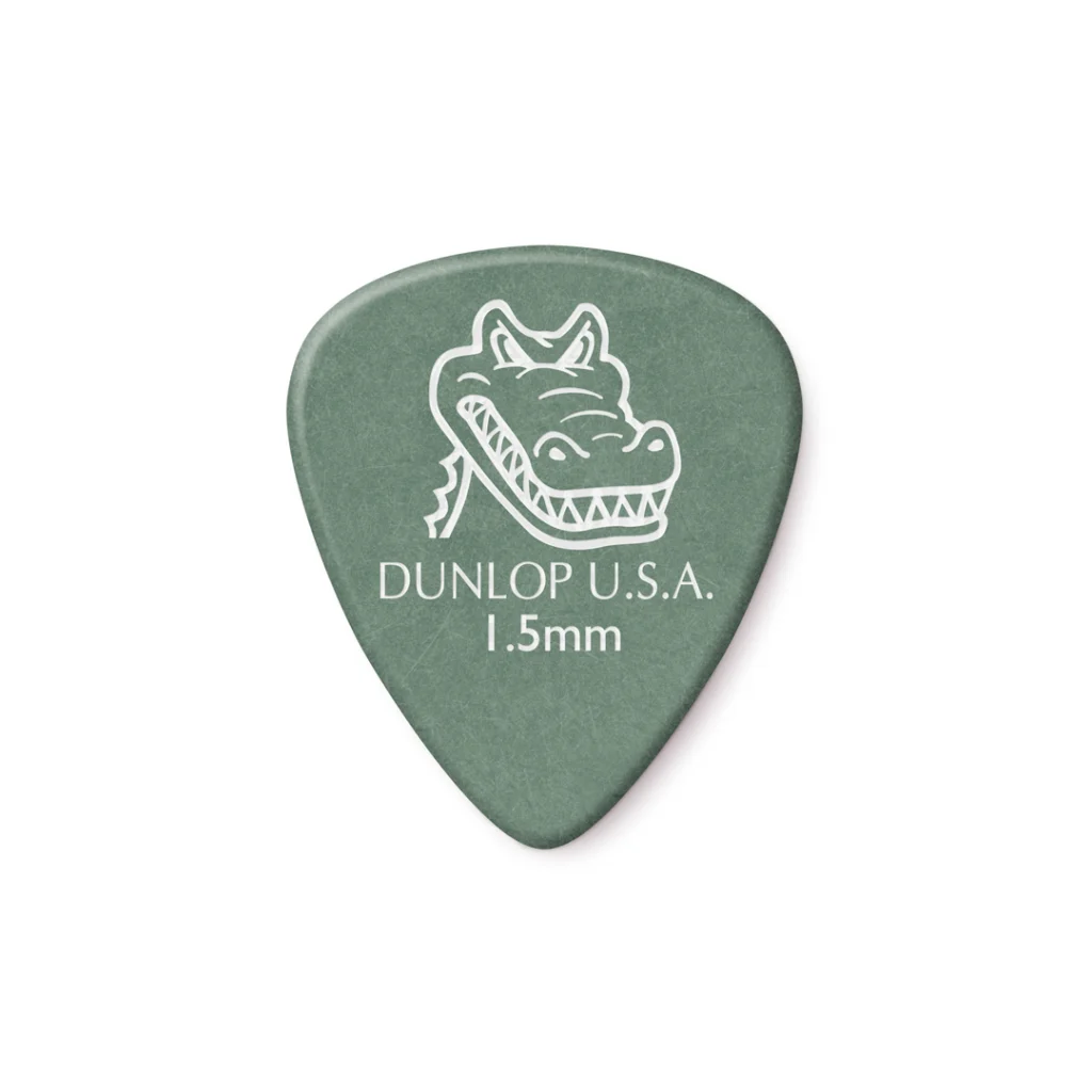 Vista frontal de plumilla Jim Dunlop Gator Grip verde. Muestra superficie mate
