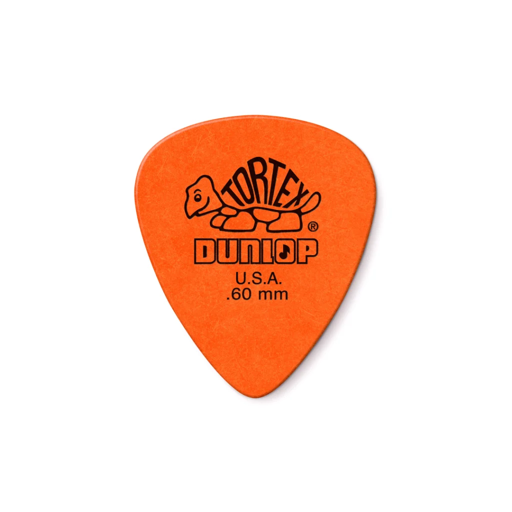 Vista frontal de plumilla Jim Dunlop Tortex Standard naranja. Muestra logotipo de tortuga
