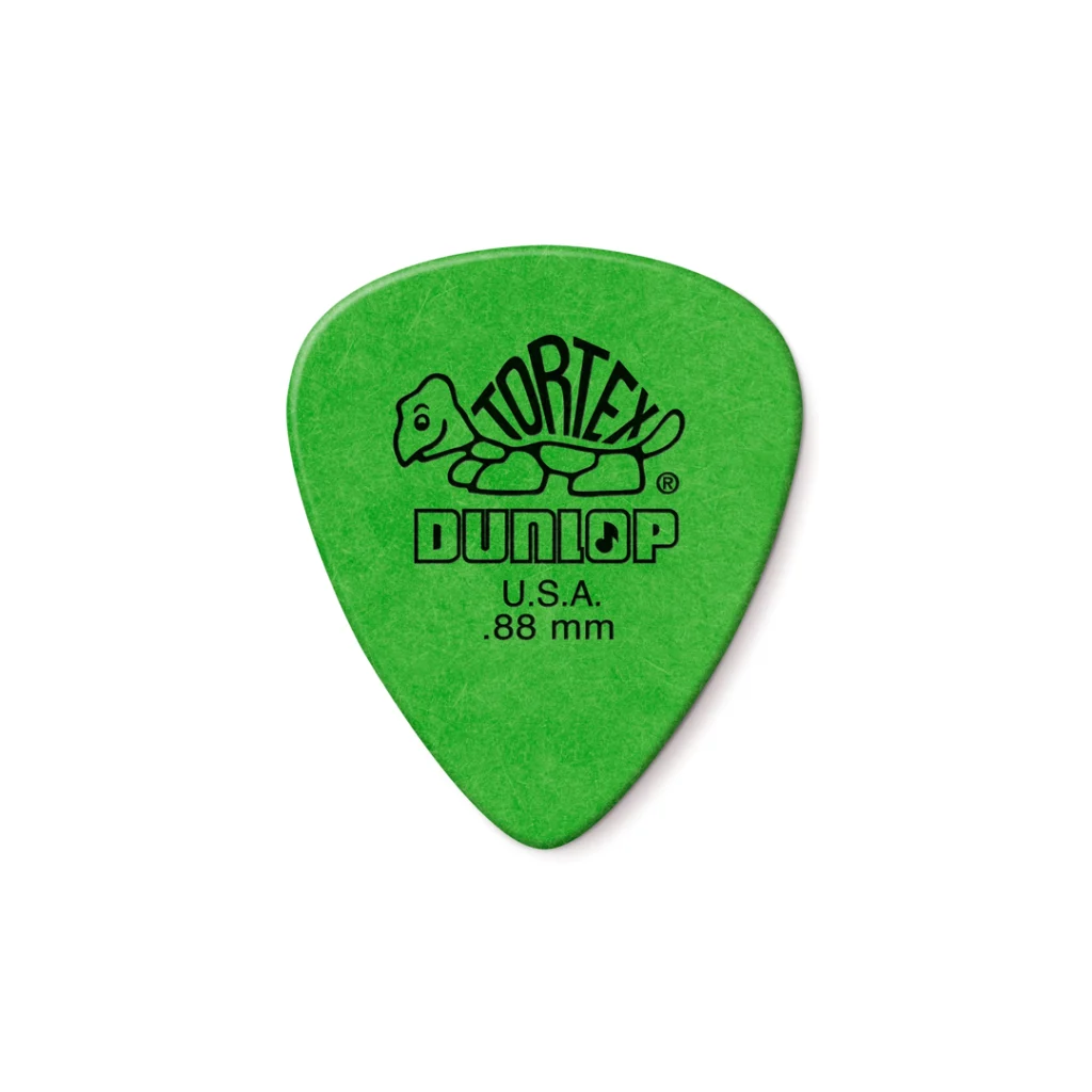 Vista frontal de plumilla Jim Dunlop Tortex Standard verde. Muestra logotipo de tortuga