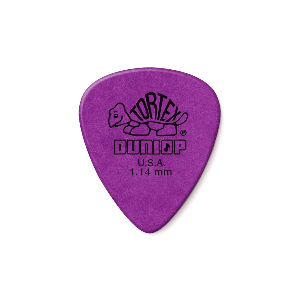 Vista frontal de plumilla Jim Dunlop Tortex Standard morada. Muestra logotipo de tortuga