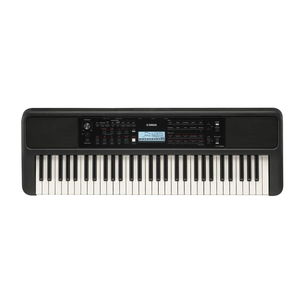 Vista cenital de teclado Yamaha PSR-E383. Muestra 61 teclas