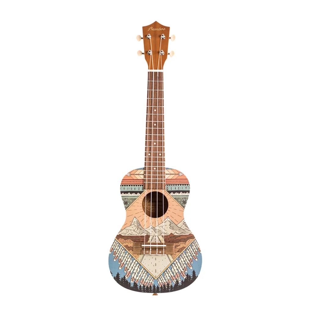 Vista frontal de ukelele Bamboo Culture Line Patagonia. Cuerpo con ilustración temática andina