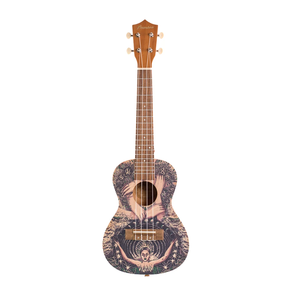 Vista frontal de ukelele Bamboo Dreams Line Freedom. Cuerpo con ilustración artística detallada