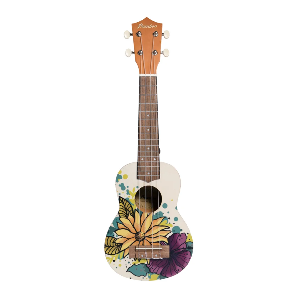 Vista frontal de ukelele Bamboo Flowers Line Spring. Cuerpo decorado con ilustraciones de flores amarillas y púrpuras