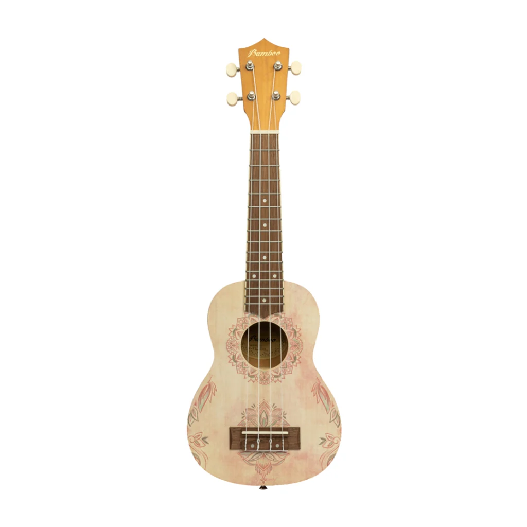 Vista frontal de ukelele Bamboo Mandala Line Lotus. Cuerpo natural con ilustración de mandala suave